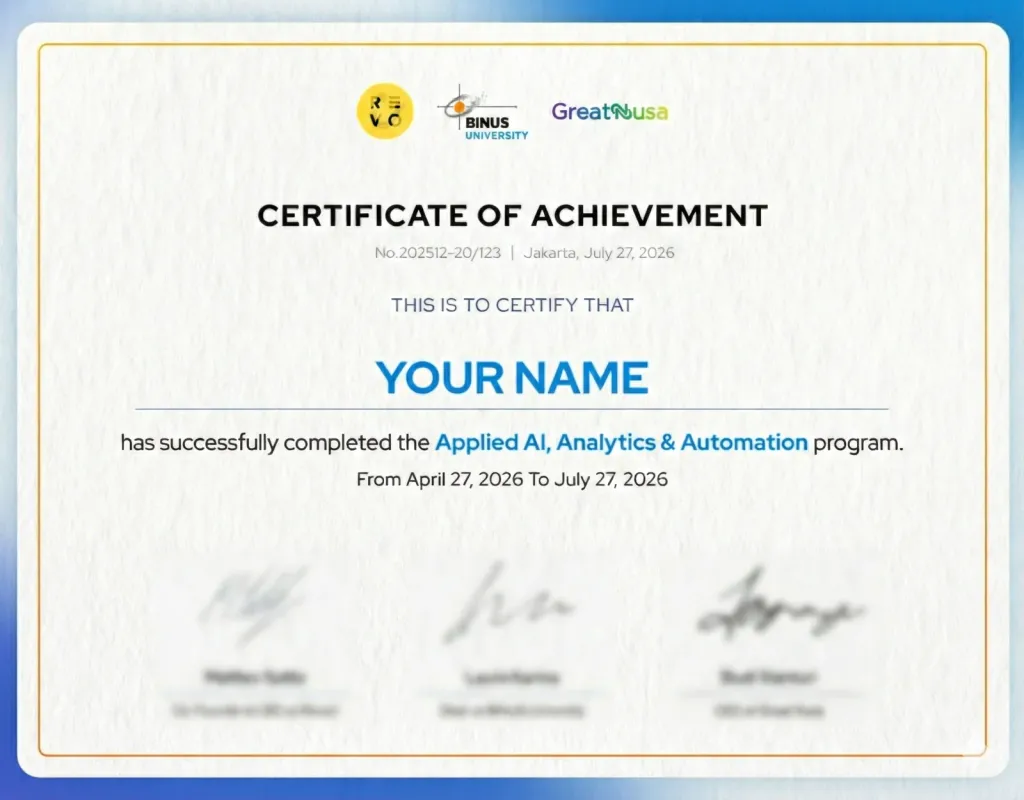 Sertifikat Pencapaian dari RevoU, BINUS University, dan GreatNusa untuk program Applied AI, Analytics & Automation