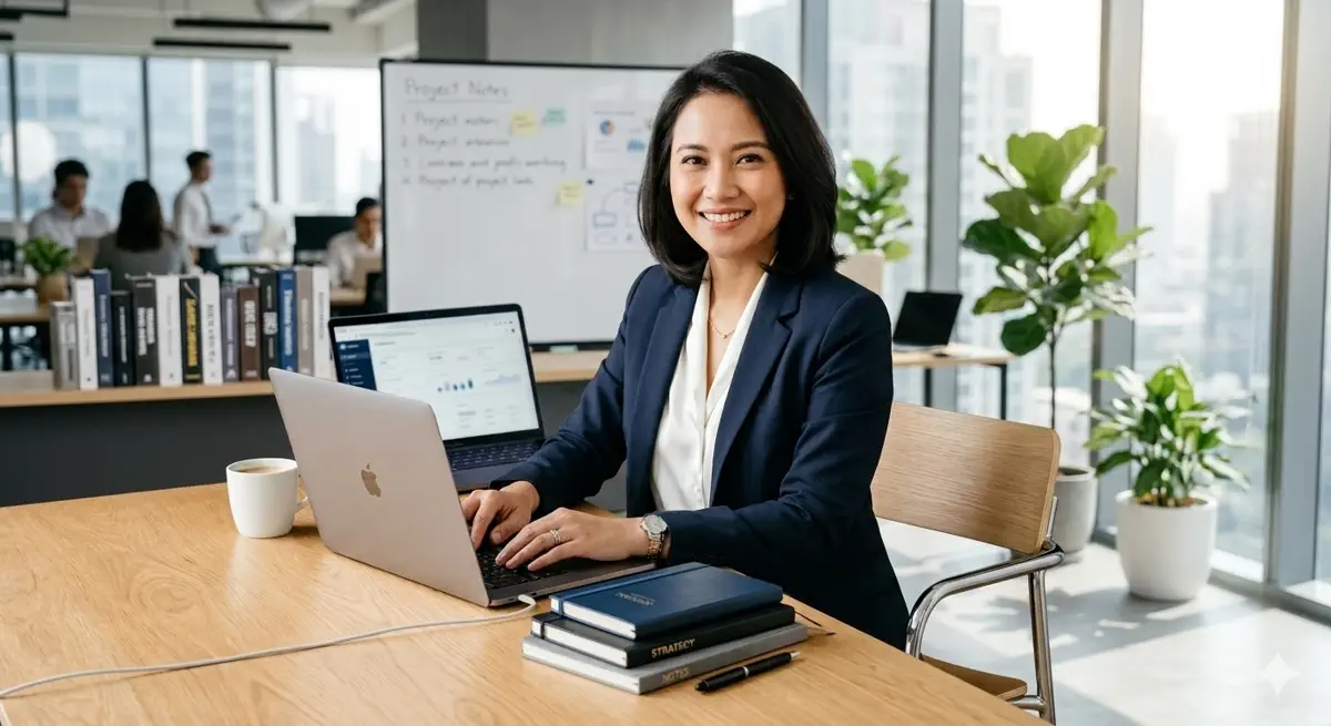 Manajer bekerja dengan data di laptop dalam kantor modern